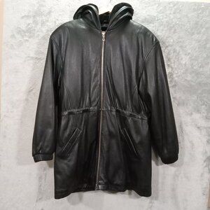 Vintage 80s Wilsons Leather Parka Women Large Black Hooded Faux Fur Quilt Lined